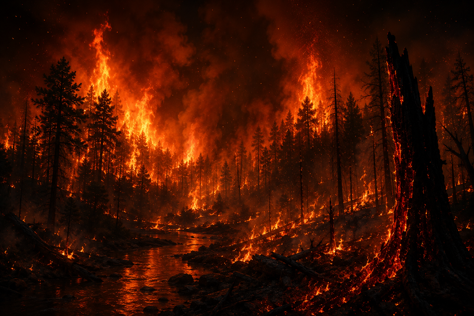 A wildfire glowing through a dark forest at night