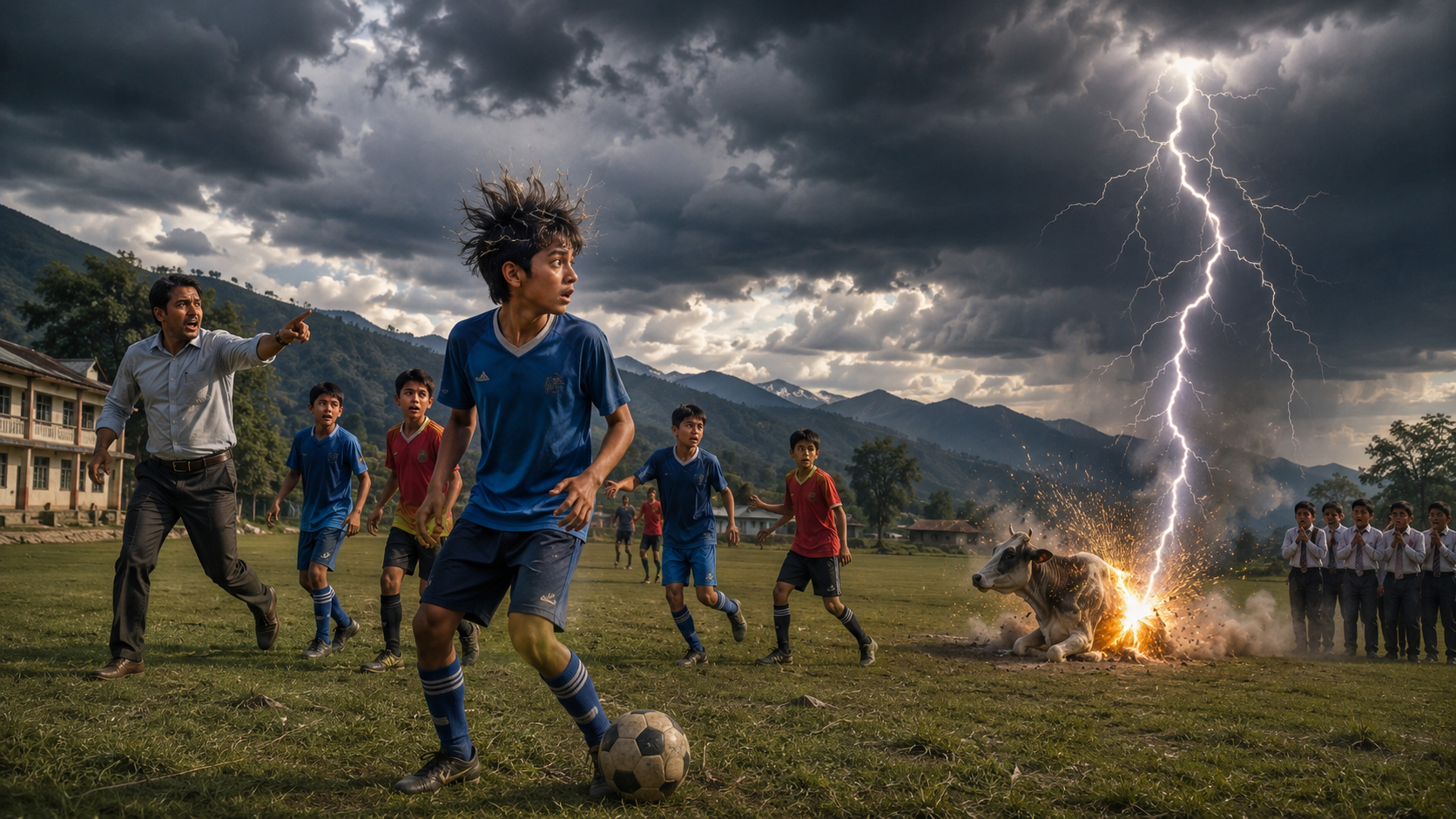 Dark storm clouds gathering over an open playing field
